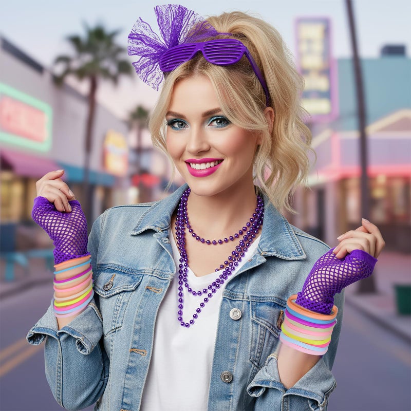 obeoby Purple Mardi Gras Outfit for women, 80s 90s Outfit Costume Accessories Party Lace Headband Necklace Sets for Masquerade Retro Party - Image 5