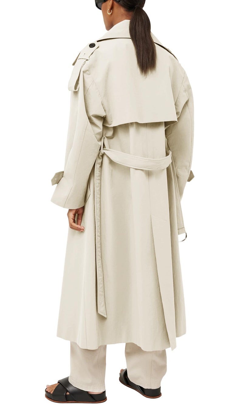 Farktop Womens Oversized Long Trench Coat Double Breasted Lapel Windproof Overcoat with Belt - Image 3