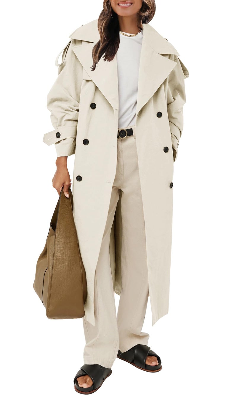 Farktop Womens Oversized Long Trench Coat Double Breasted Lapel Windproof Overcoat with Belt - Image 1