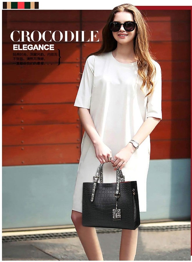 AlwaySky Women Fashion Crocodile Pattern Handbag Snakeskin Top Handle Tote Purse Shoulder Crossbody Bag, Black - Image 2