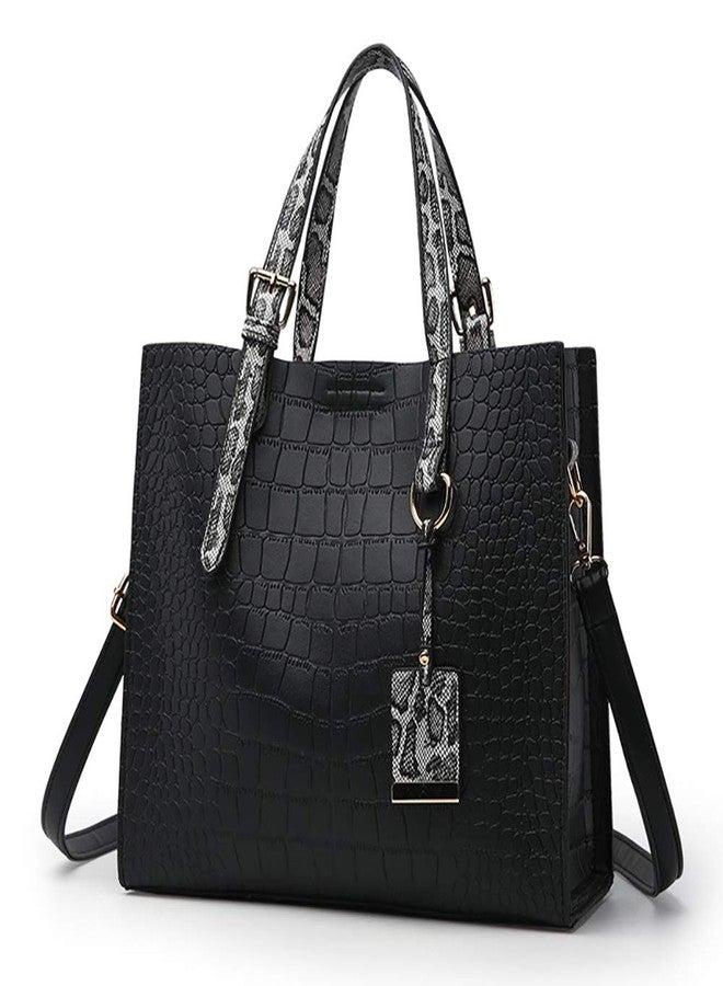 AlwaySky Women Fashion Crocodile Pattern Handbag Snakeskin Top Handle Tote Purse Shoulder Crossbody Bag, Black - Image 1