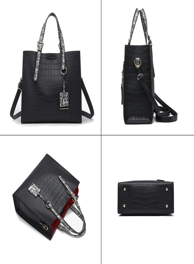 AlwaySky Women Fashion Crocodile Pattern Handbag Snakeskin Top Handle Tote Purse Shoulder Crossbody Bag, Black - Image 3