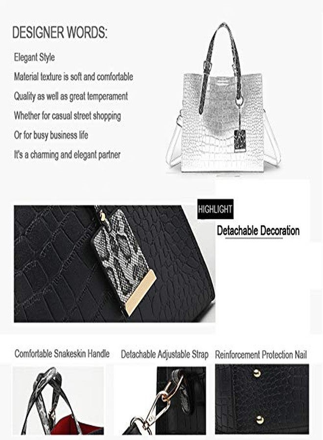 AlwaySky Women Fashion Crocodile Pattern Handbag Snakeskin Top Handle Tote Purse Shoulder Crossbody Bag, Black - Image 5