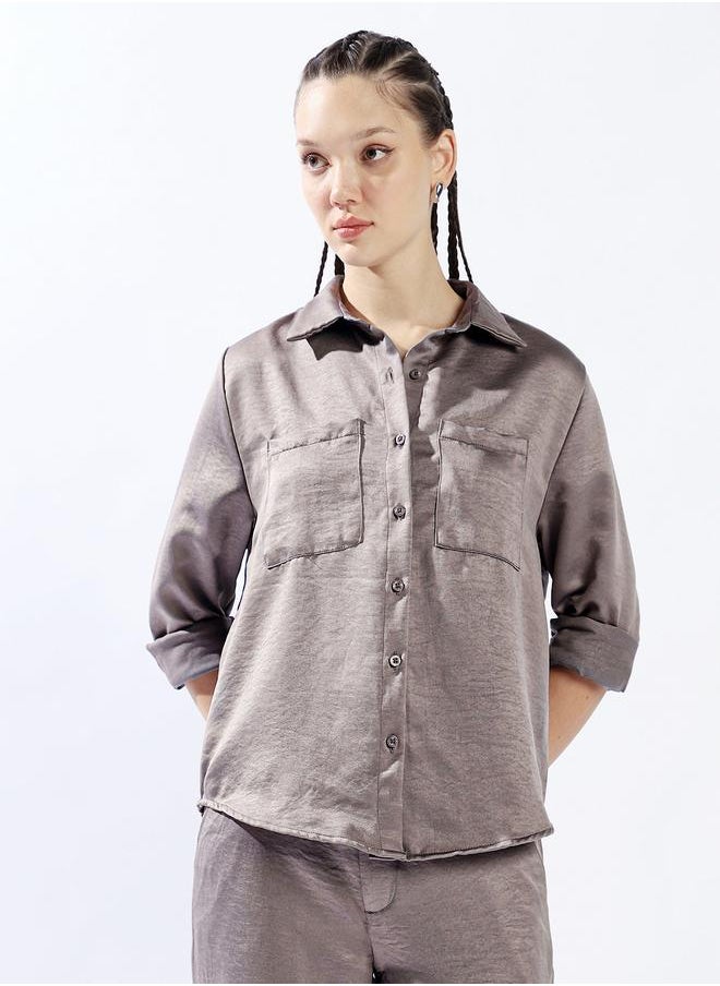 Hubberholme Women Relaxed Fit Textured Satin Casual Shirt  - Image 5