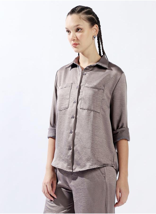 Hubberholme Women Relaxed Fit Textured Satin Casual Shirt  - Image 3
