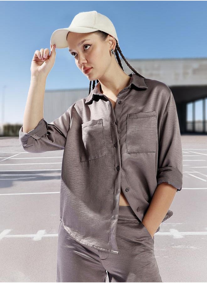Hubberholme Women Relaxed Fit Textured Satin Casual Shirt  - Image 2