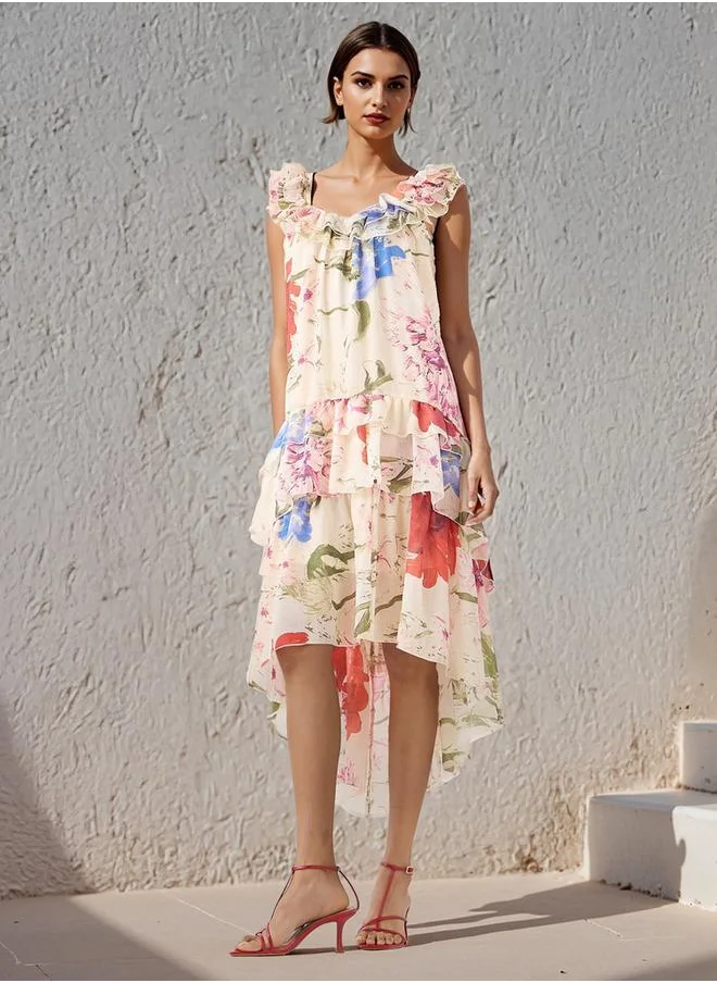 Iconic Iconic Floral Print Sleeveless Dress with Scoop Neck and Ruffle Detail