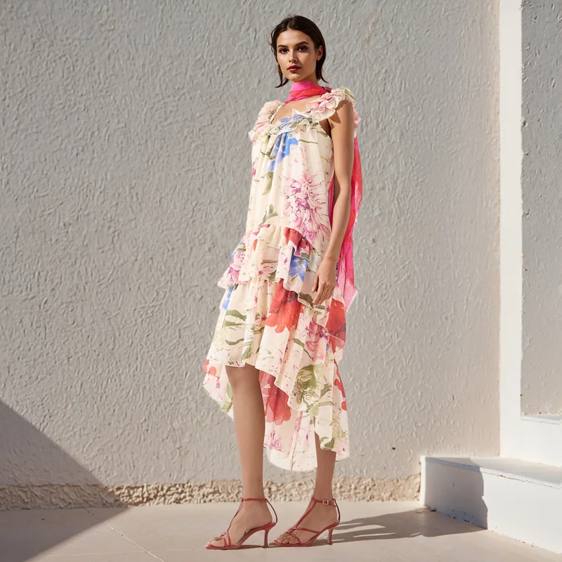 Iconic Floral Print Sleeveless Dress with Scoop Neck and Ruffle Detail