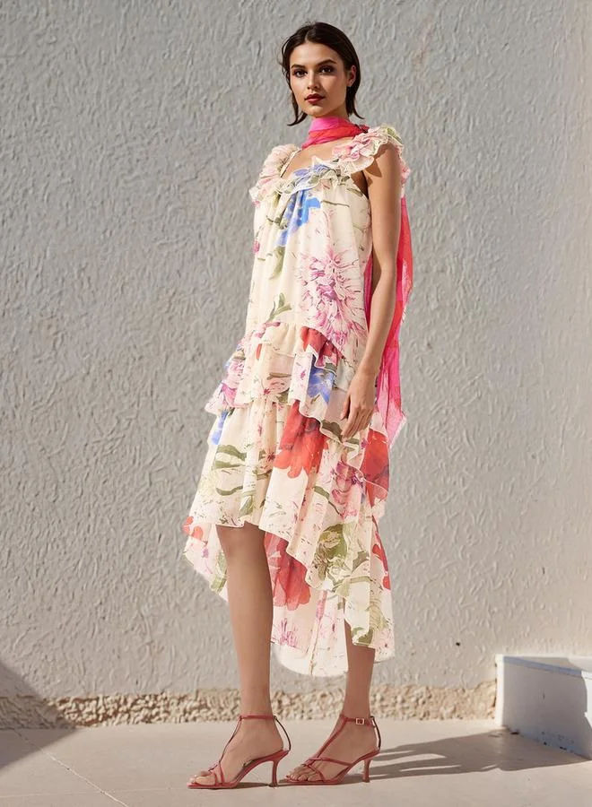 ايكونيك فستان بدون أكمام بطبعة زهور أيقونية بياقة واسعة وتفاصيل كشكش