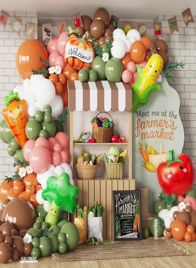 بالونار طقم قوس البالونات من سوق المزارعين، 144 قطعة من بالونات اللاتكس باللون الأخضر والقهوة البرتقالية مع بالونات من رقائق الخضار لحفلات استقبال المولود الجديد وأعياد الميلاد الأولى وحفلات الزفاف. - Image 1