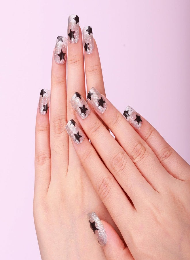 TailaiMei Semi Cured Gel Nail Strips - (Transparent Silver Powder Black Stars) 20 Pcs Gel Nail Stickers, UV Light Required | Real Polish Salon Quality & Easy to Use (24-243) - Image 3