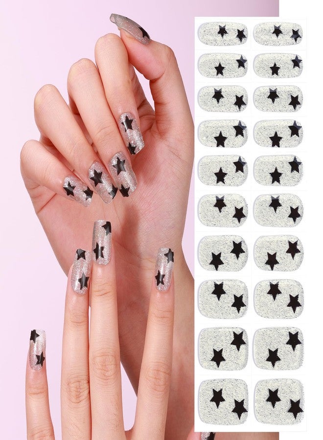 TailaiMei Semi Cured Gel Nail Strips - (Transparent Silver Powder Black Stars) 20 Pcs Gel Nail Stickers, UV Light Required | Real Polish Salon Quality & Easy to Use (24-243) - Image 1