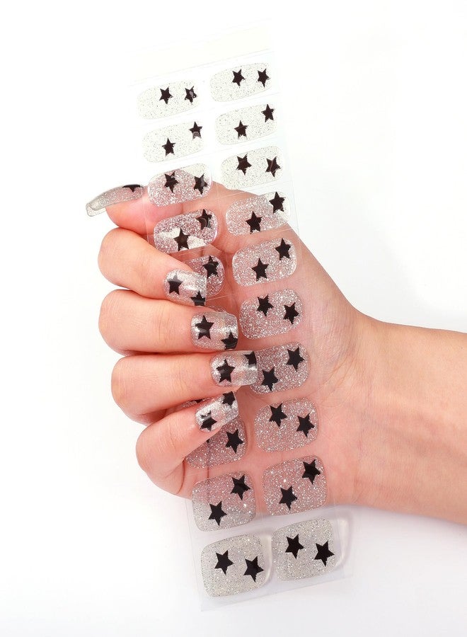 TailaiMei Semi Cured Gel Nail Strips - (Transparent Silver Powder Black Stars) 20 Pcs Gel Nail Stickers, UV Light Required | Real Polish Salon Quality & Easy to Use (24-243) - Image 5