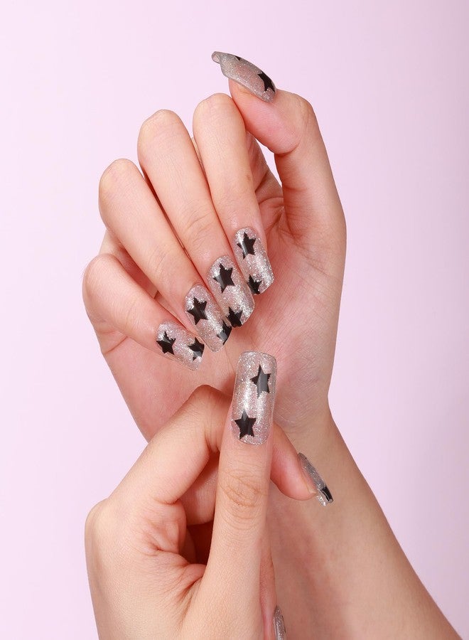 TailaiMei Semi Cured Gel Nail Strips - (Transparent Silver Powder Black Stars) 20 Pcs Gel Nail Stickers, UV Light Required | Real Polish Salon Quality & Easy to Use (24-243) - Image 2