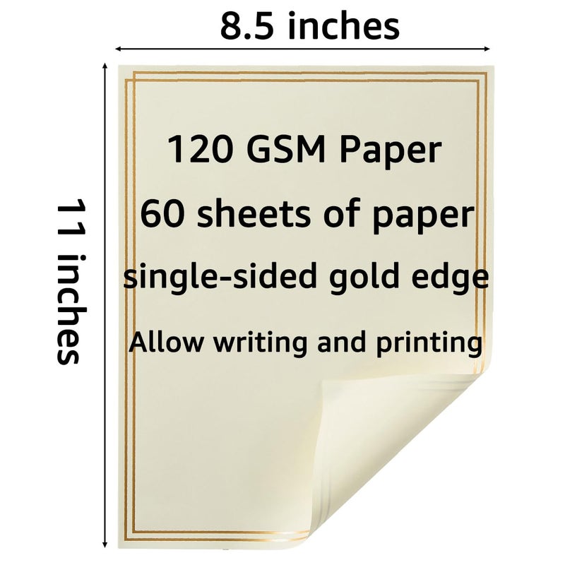 Topeen 60 Pack Stationery Set Paper with Gold Border, 8.5x11 Inch Paper Sheets for Writing Letters, Letter Size Writing Paper (Cream Color, 8.5x11 inches) - Image 2