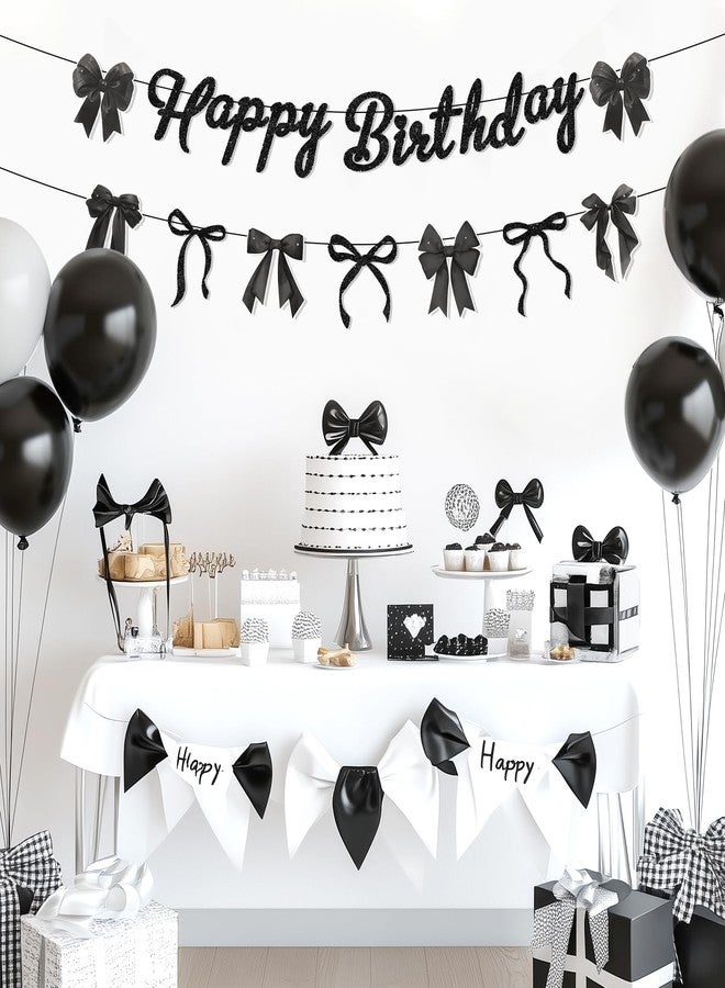 Lecheme Black Bow Happy Birthday Banner Glitter Black Bow Coquette Party Decorations for Women Girls Birthday Garland Signs - Image 2