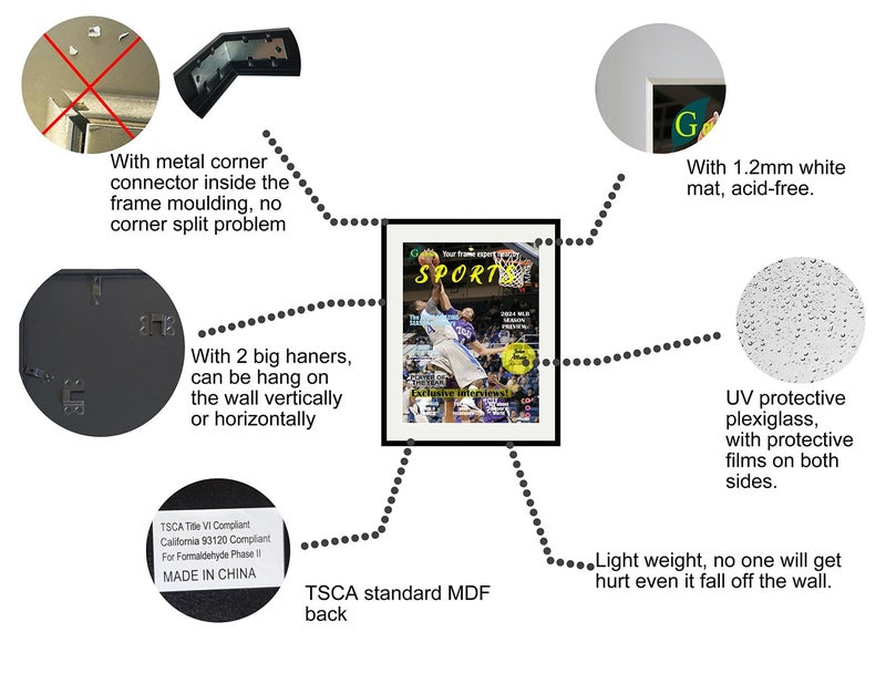Goldfinch 4 Packs Sports Magazine Frames Displays Magazines Measuring 8.5 x 11.25 inches with White Core Matting,High Glossy Frame with Installed Hangers (4, Black Frame White Mat) - Image 2