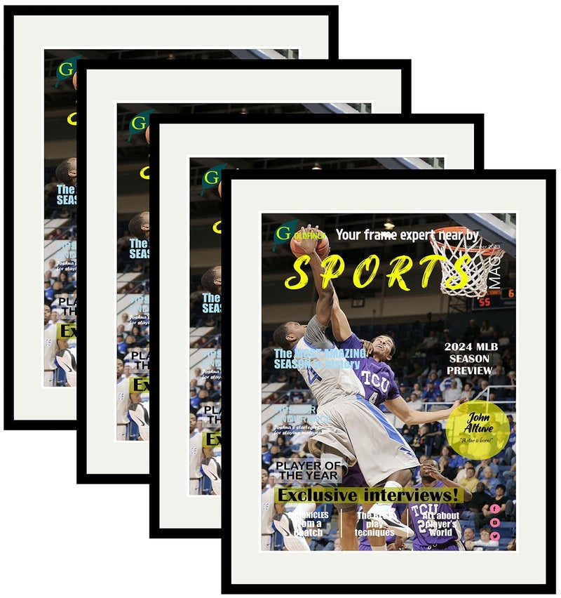 Goldfinch 4 Packs Sports Magazine Frames Displays Magazines Measuring 8.5 x 11.25 inches with White Core Matting,High Glossy Frame with Installed Hangers (4, Black Frame White Mat) - Image 1