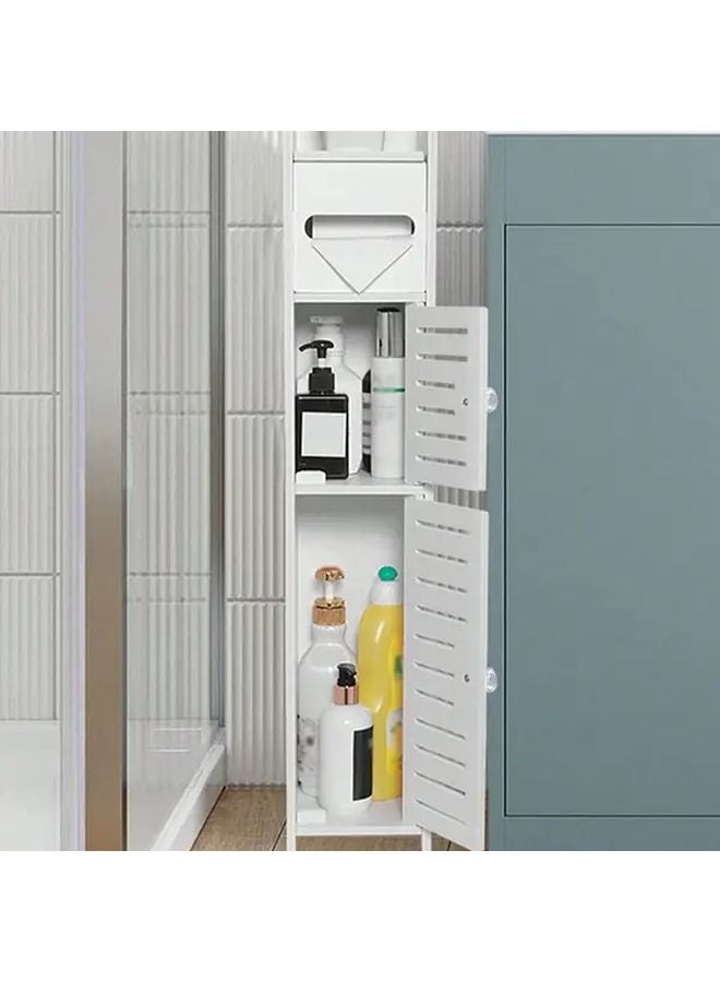 White PVC Bathroom Storage Cabinet With Built In Toilet Paper Holder Double Door Design - Image 5