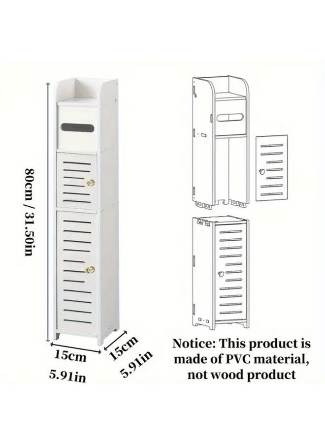 White PVC Bathroom Storage Cabinet With Built In Toilet Paper Holder Double Door Design - Image 4