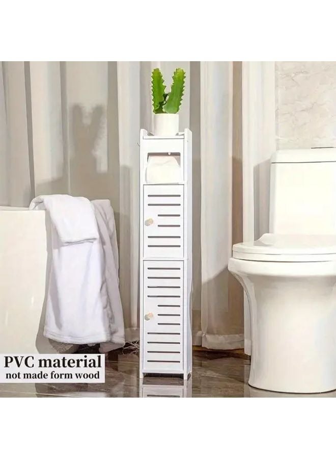 White PVC Bathroom Storage Cabinet With Built In Toilet Paper Holder Double Door Design - Image 3