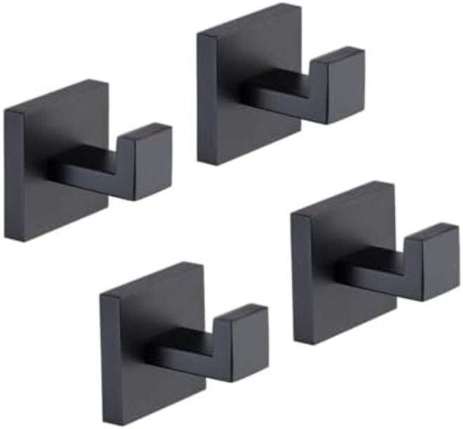 TASTOS Bath Towel Hooks Matte Black, 2 Pack Stainless Steel Robe Coat and Clothes Hook, Heavy Duty Wall Hook for Bathroom & Kitchen, Modern Square Style Wall Mounted  (Black)