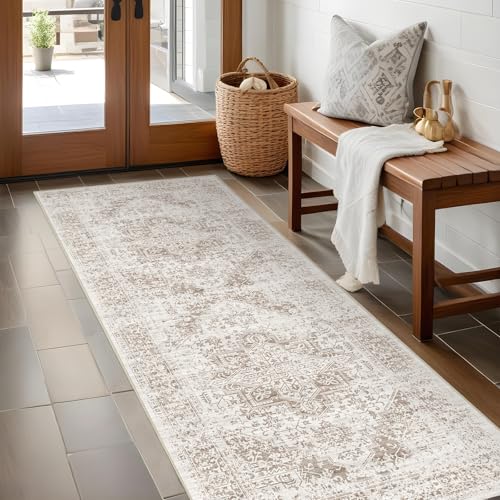 EISUROM Hallway 2x5 Runner Rug - Vintage Non-Slip Long Rug for Entryway Low-Pile Washable Medallion Rugs for Hallway Waterproof Traditional Indoor Thin Rugs for Kitchen (Ivory/Beige) - Image 1