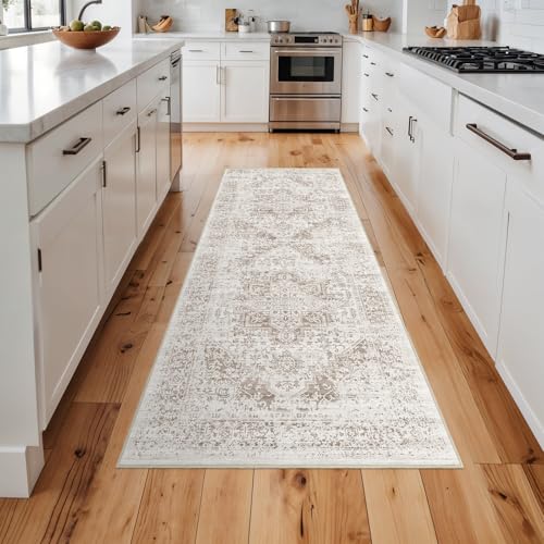 EISUROM Hallway 2x5 Runner Rug - Vintage Non-Slip Long Rug for Entryway Low-Pile Washable Medallion Rugs for Hallway Waterproof Traditional Indoor Thin Rugs for Kitchen (Ivory/Beige) - Image 5