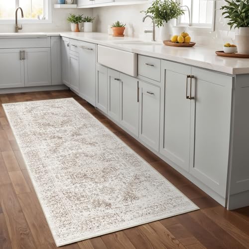 EISUROM Hallway 2x5 Runner Rug - Vintage Non-Slip Long Rug for Entryway Low-Pile Washable Medallion Rugs for Hallway Waterproof Traditional Indoor Thin Rugs for Kitchen (Ivory/Beige) - Image 3