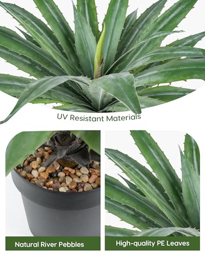 Velener Artificial Agave Plant in Black Pot with Real Stone Pebbles, Large Fake Agave Plants with Green Serrated Leaves, Faux Yucca for Indoor and Outdoor Decor-17 Inches Tall, 29 Leaves - Image 3