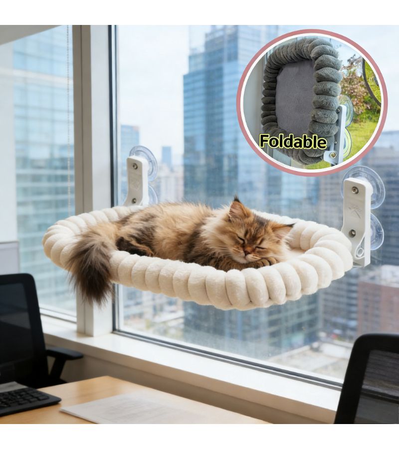 Cat Window Hammock Beige for All Sizes 4 Extra Large Suction Cups Metal Stand Balcony Viewing - Image 2