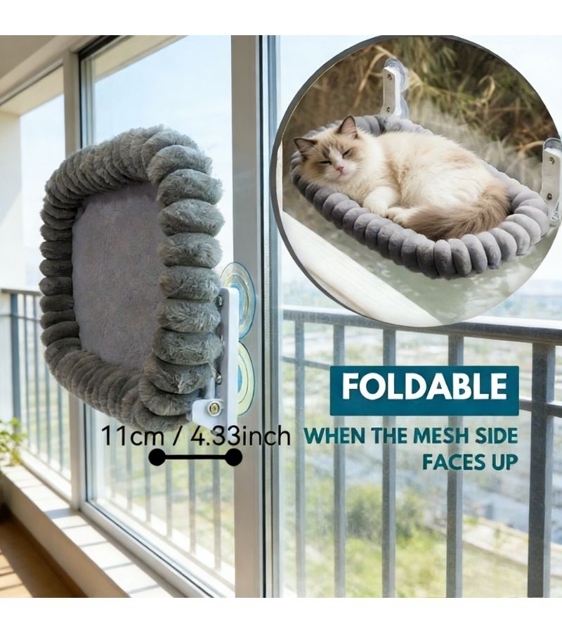 Cat Window Hammock Beige for All Sizes 4 Extra Large Suction Cups Metal Stand Balcony Viewing - Image 3