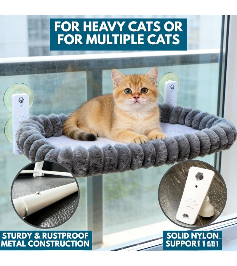Cat Window Hammock Beige for All Sizes 4 Extra Large Suction Cups Metal Stand Balcony Viewing - Image 1