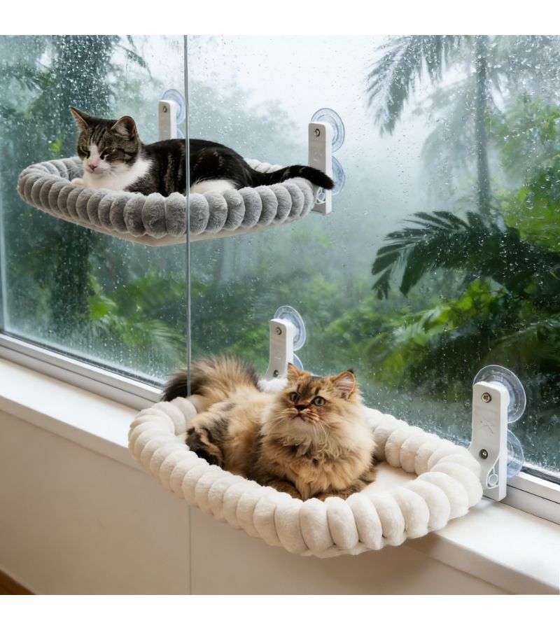 Cat Window Hammock Beige for All Sizes 4 Extra Large Suction Cups Metal Stand Balcony Viewing - Image 5