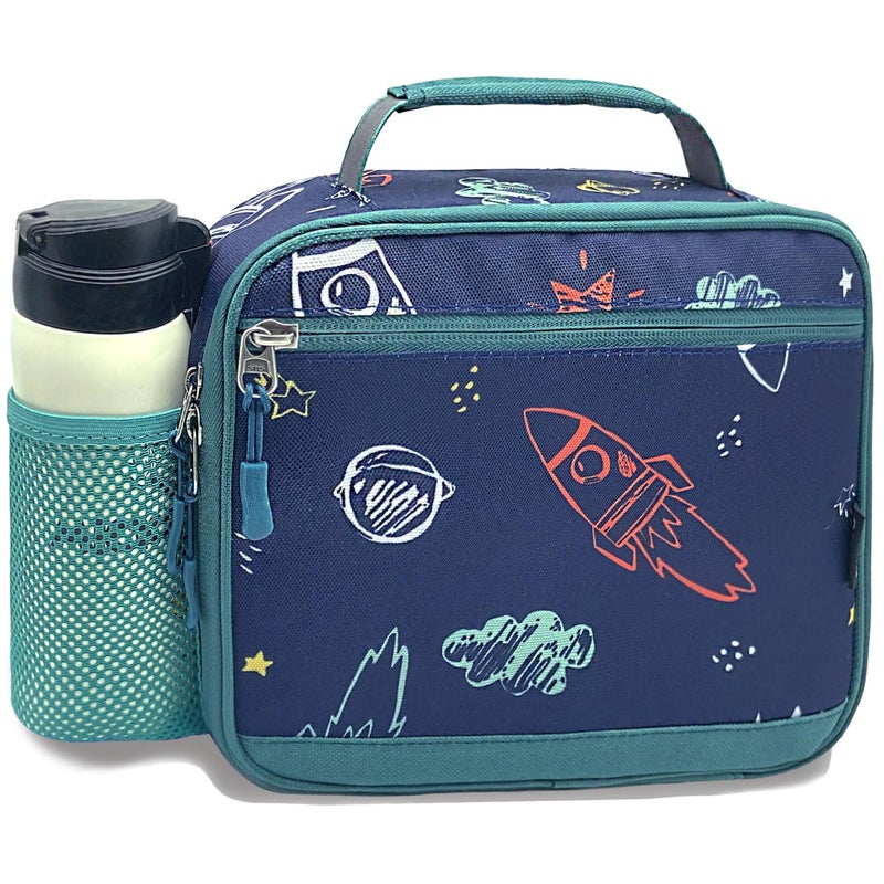 Kulle Kids Lunch BoxLunch Bag Kids Boys With Reflective Strips and Lunchbox Dividers Washable and Reusable Toddler Lunch Box Daycare for SchoolOutdoorSpace Rocket