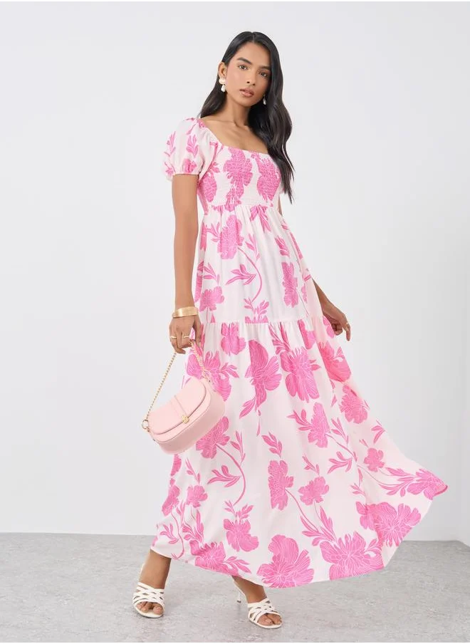 تايك تو Take Two Floral Print Puff Sleeve A-Line Maxi Dress