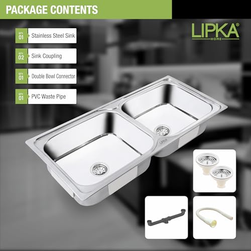 LIPKA 45 x 20 x 9 Inches Square Double Bowl Kitchen Sink | Premium Stainless Steel | Glossy Finish with Waste Pipe & Sink Coupling - Image 4
