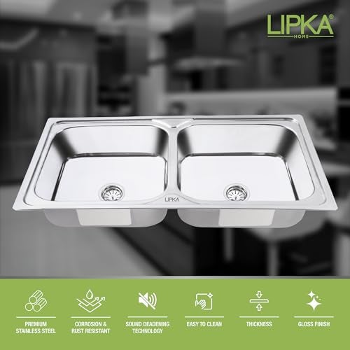 LIPKA 45 x 20 x 9 Inches Square Double Bowl Kitchen Sink | Premium Stainless Steel | Glossy Finish with Waste Pipe & Sink Coupling - Image 3