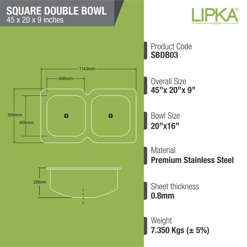 LIPKA 45 x 20 x 9 Inches Square Double Bowl Kitchen Sink | Premium Stainless Steel | Glossy Finish with Waste Pipe & Sink Coupling - Image 2
