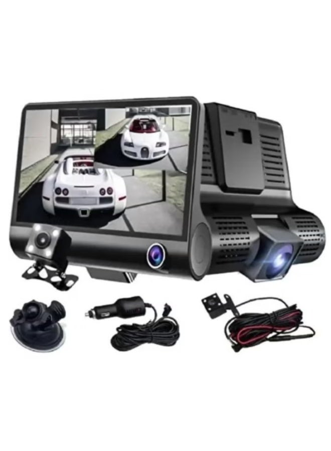 This dash cam features three cameras (front, rear, and interior) for comprehensive coverage, a 4-inch HD screen, supports up to 128GB cards, loop recording, motion sensor, and G-sensor for video protection. - Image 1