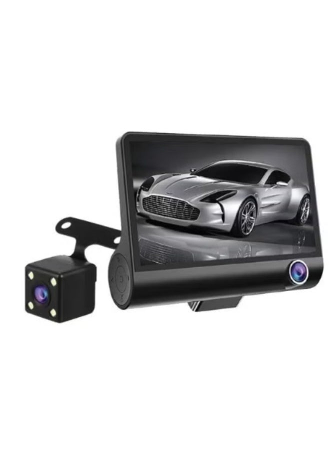 This dash cam features three cameras (front, rear, and interior) for comprehensive coverage, a 4-inch HD screen, supports up to 128GB cards, loop recording, motion sensor, and G-sensor for video protection. - Image 2