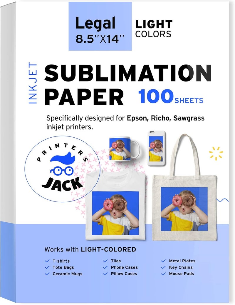 Printers Jack Sublimation Paper 8.5x14 inches, 100 Sheets 120gsm for Any Epson Sawgrass Inkjet Printer with Sublimation Ink, Heat Transfer Sublimation Paper for T-shirt, Mugs, Light Fabric - Image 1