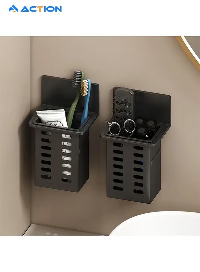 ACTION Toothbrush Holders for Bathroom,  Self Adhesive Holder Wall Mounted, Shower Toothbrush Toothpaste Holder, Bathroom Organizer Essentials, 2 Packs, Black - Image 1