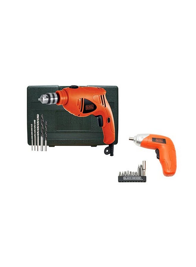Hammer Drill With Variable Speed For Wood, Steel And Masorny Drilling With 5-Pieces High Performance Masonry Drill Bits 500W + Cordless Power Screwdriver Kit With 10-Piece Screwdriver Bit set HD5010VA5MEA1-B5 Orange/Silver/Black