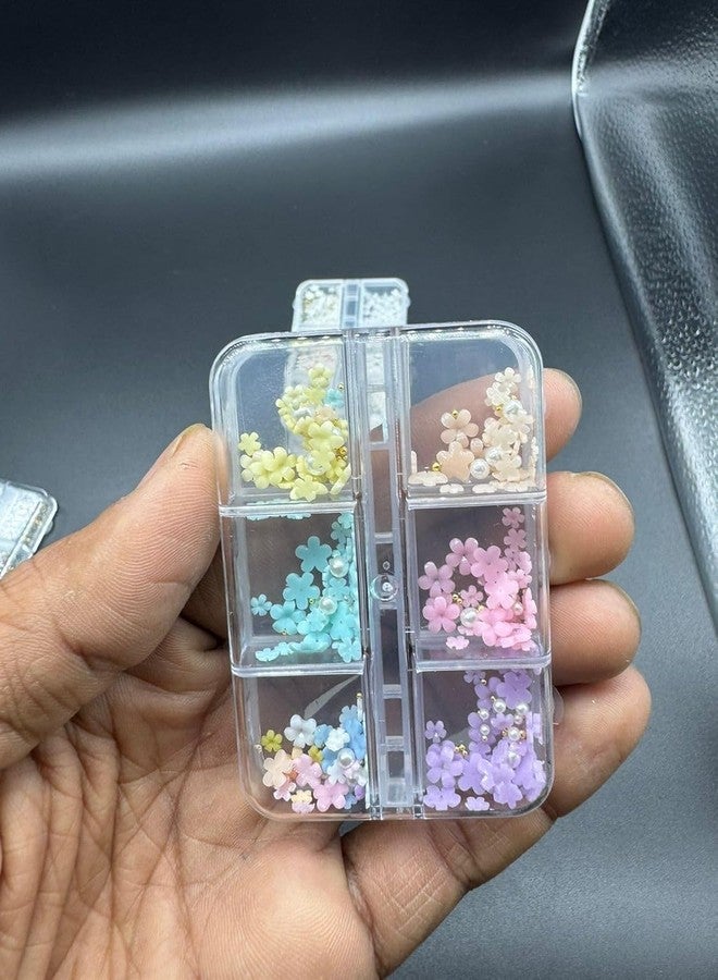 3D Floral Nail Art Decorations, 6 Grid Acrylic Flowers, Glitter Ball Beads Charms (Multicolour)