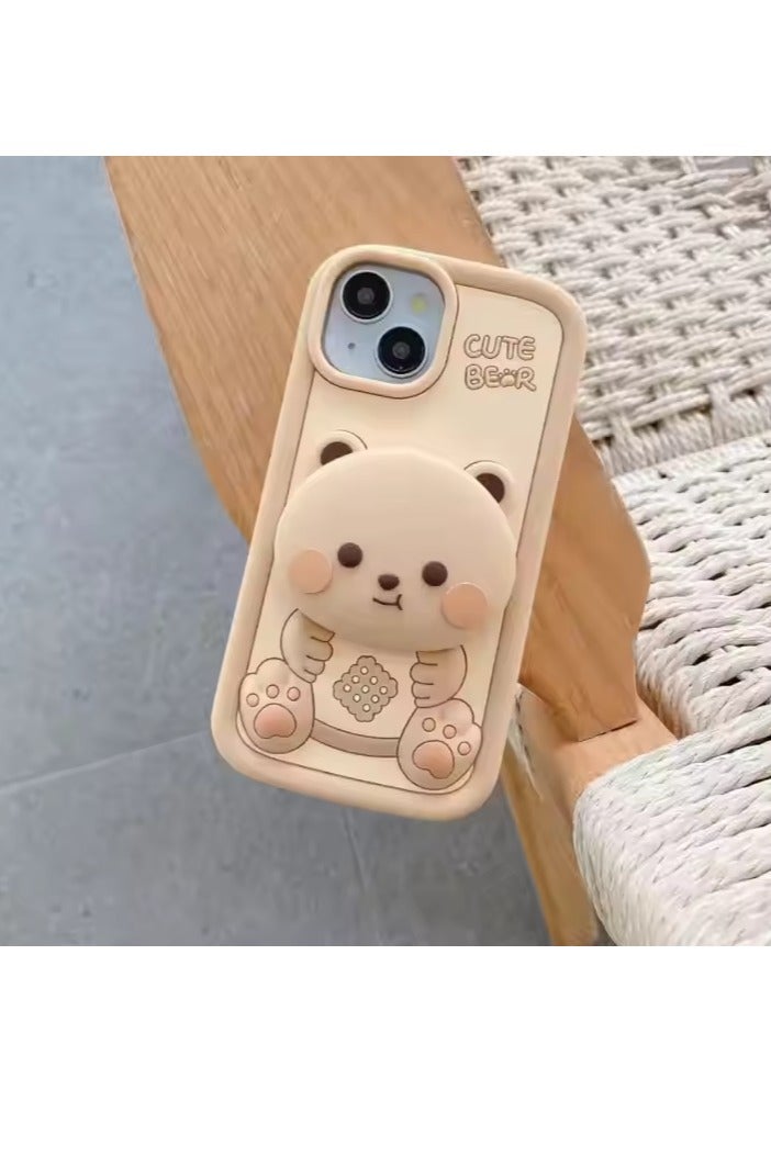 Plush Teddy Bear Phone Case – Soft Furry 3D Protective Cover Compatible with(13 pro/14pro/15pro) 6.1-Inch Pro Models (Camera Bump Support) - Image 1