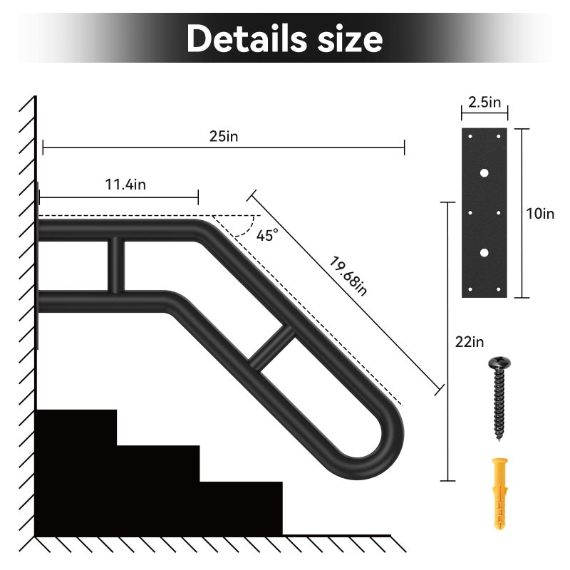 Frossvt Handrail for Outdoor Grab Bar Frossvt Wall Mount Handrail, 25.8'' Garage, Porch, Garden 1 to 3 Steps Stairs Black - Image 3