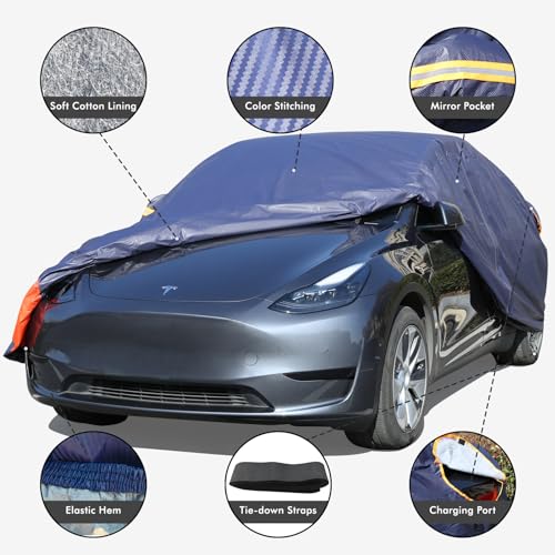 DINGHAO Tesla Model 3 Car Cover Waterproof All Weather, 6 Layers Outdoor Full Exterior Cover Rain Sun UV Snowproof Protection with Zipper Cotton, Mirror Pocket and Charging Port - Image 2