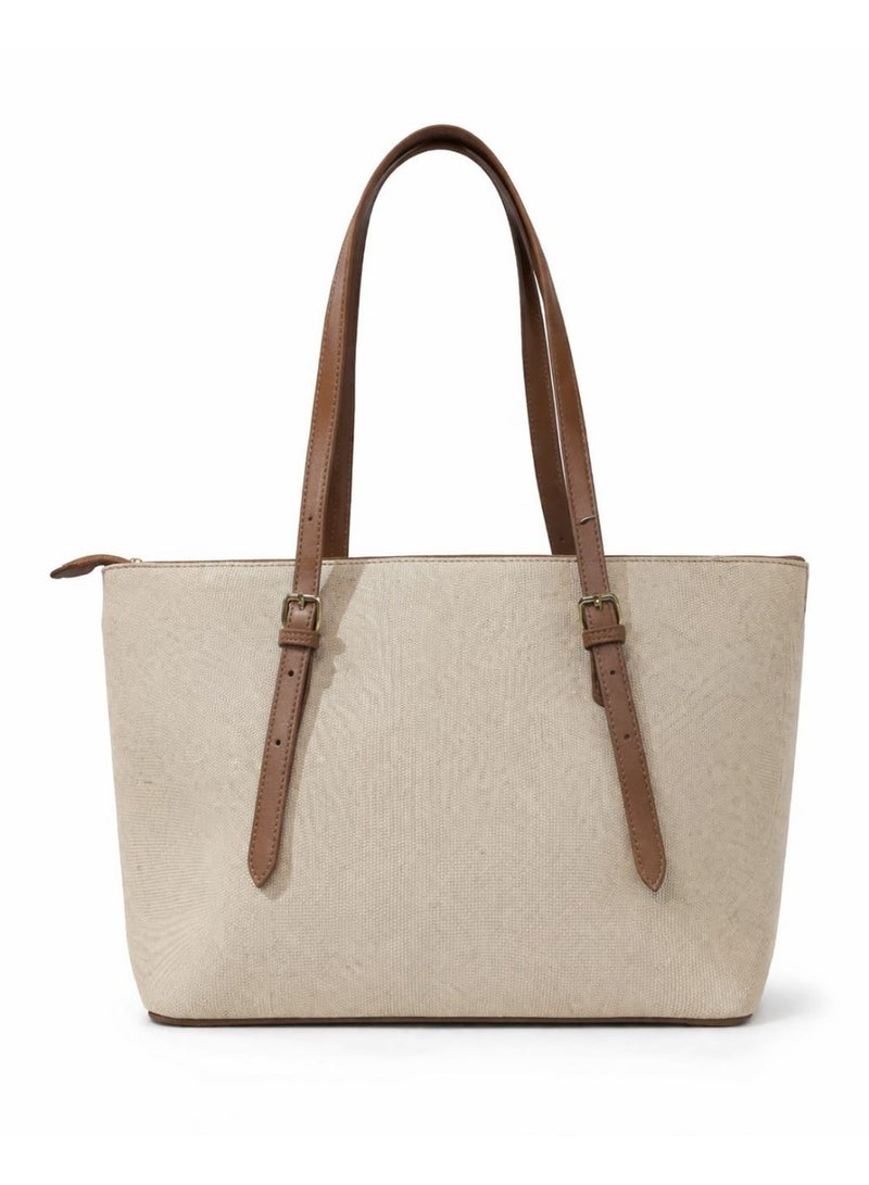 BAGCO Women’s Large Canvas Tote Bag with Leather Handles, Zipper Top, Shoulder Handbag – Beige/Brown - Image 2