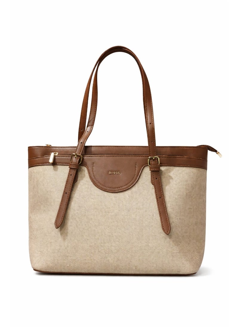 BAGCO Women’s Large Canvas Tote Bag with Leather Handles, Zipper Top, Shoulder Handbag – Beige/Brown - Image 1